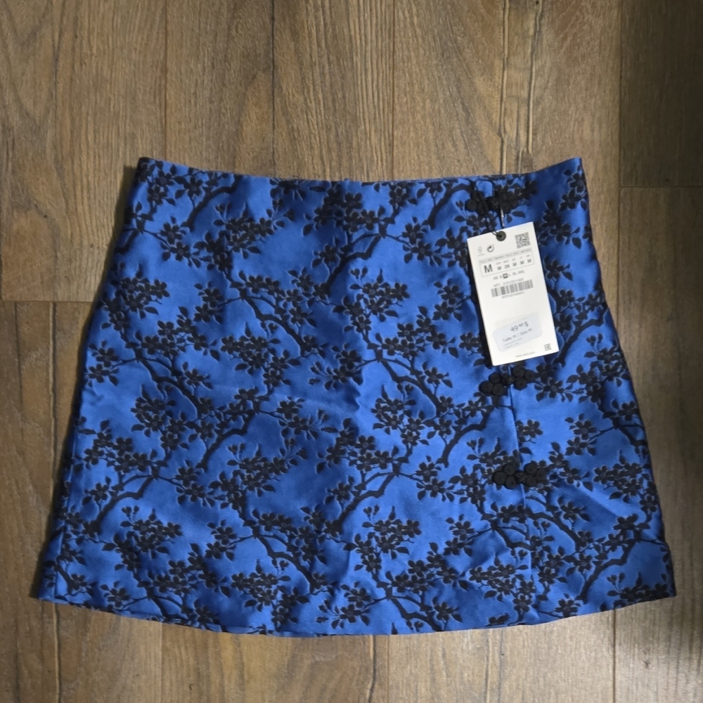 Zara Floral Embroidered Mini Skirt in Blue and Black